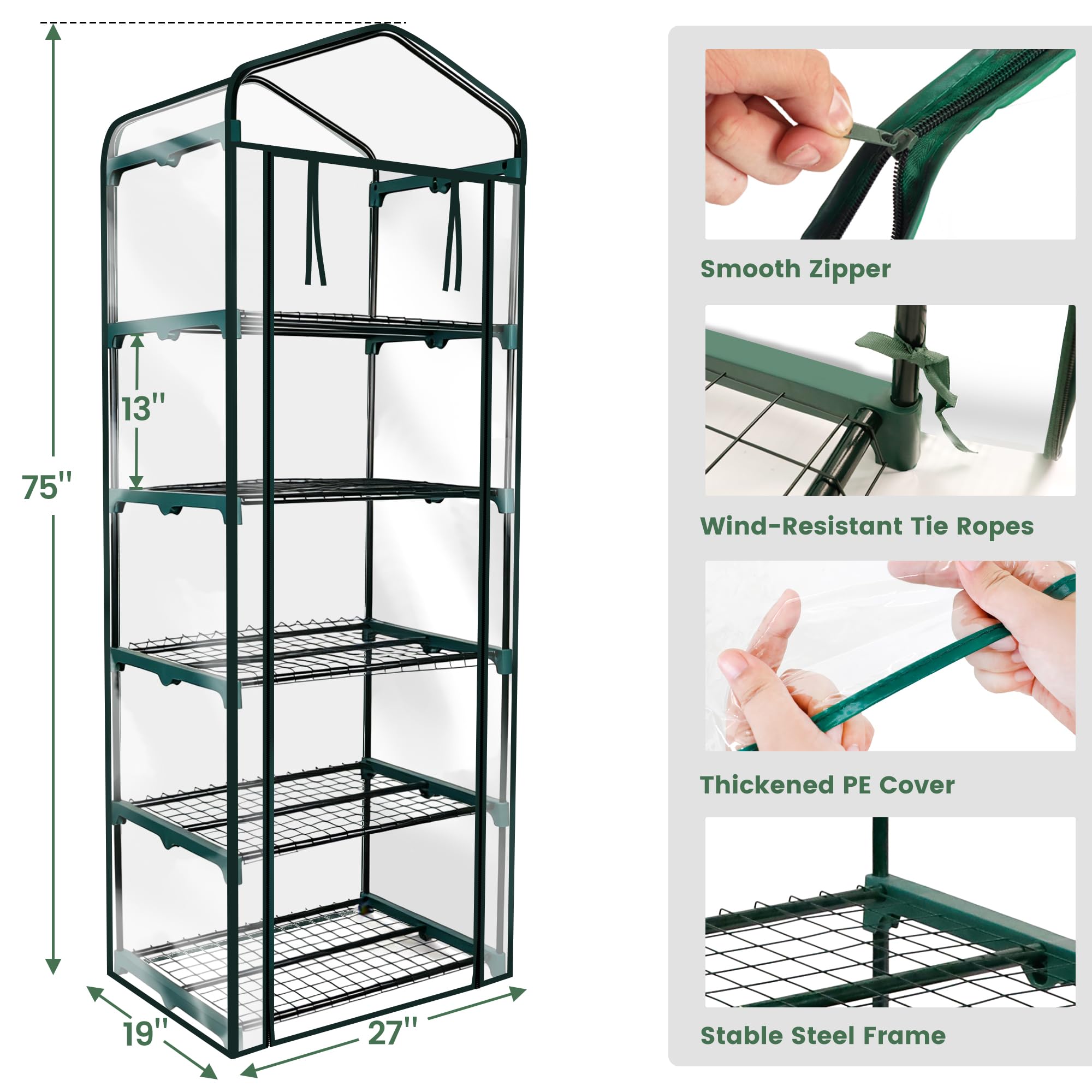 Worth Garden 5-Tier Mini Greenhouse rear view emphasizes spacious interior and 23.4lb per tier capacity.