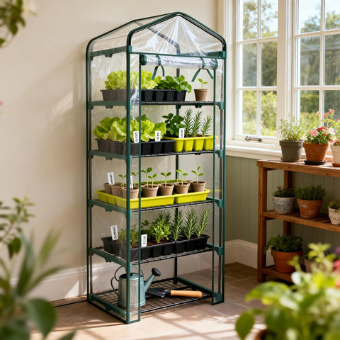 Worth Garden 5-Tier Mini Greenhouse side view demonstrates weather-resistant PVC cover protection.