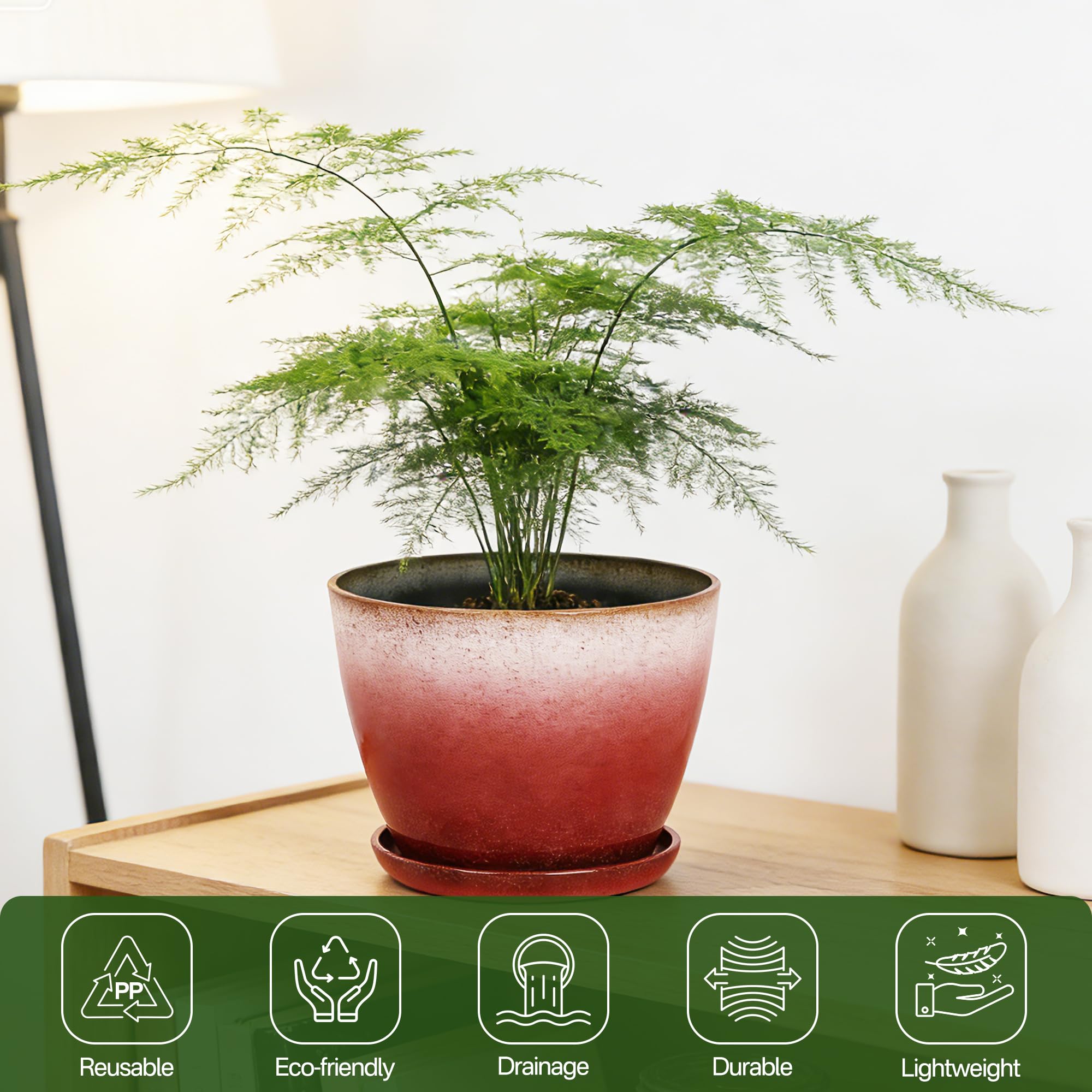 Worth Garden pot with saucer catches excess water to protect surfaces.