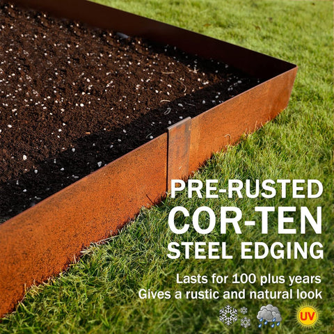 Worth Garden garden-bed border defines space and keeps mulch contained.
