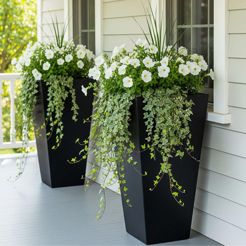 Worth Garden planters set of 2 on outdoor patio showcasing durable black plastic.