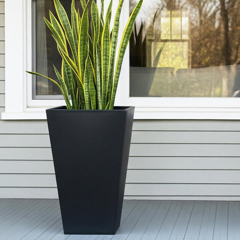 Worth Garden black tapered planters enhance modern exterior and entryways