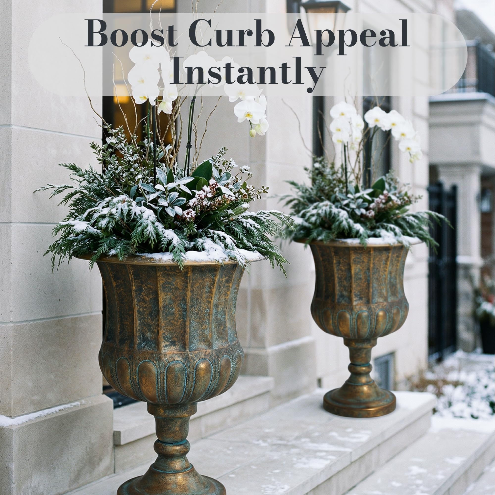 Worth Garden urn planters at entryway for a bold welcome.