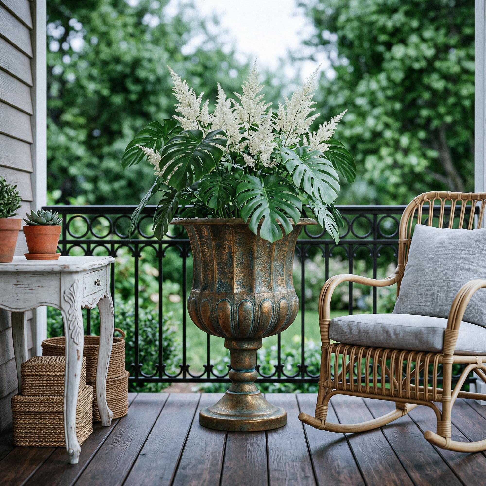 Worth Garden urn planters filled with blooms for a vibrant display.