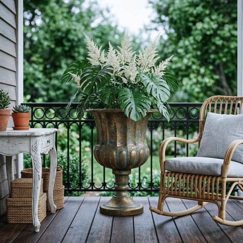 Worth Garden urn planters filled with blooms for a vibrant display.