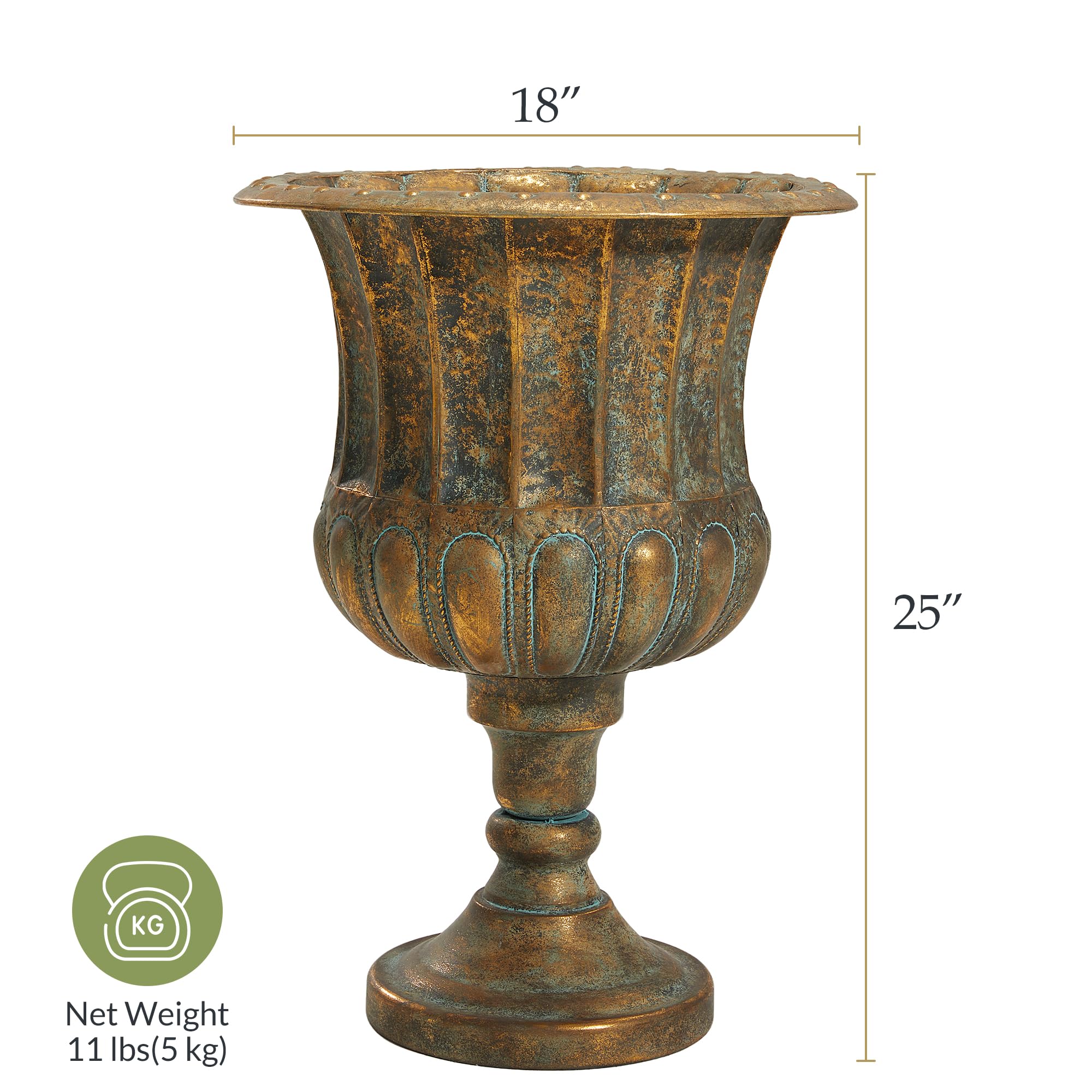 Worth Garden urn planters on patio framed by seating area.