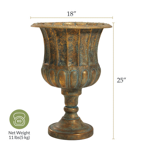 Worth Garden urn planters on patio framed by seating area.