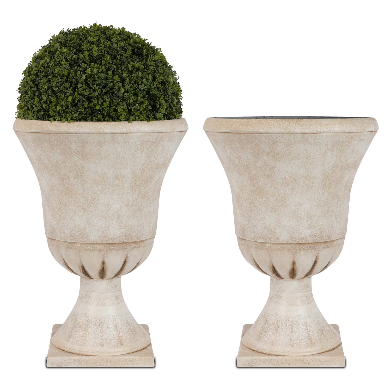 Worth Garden urn planter beige outer view shows a classic decor focal point for porches and patios.