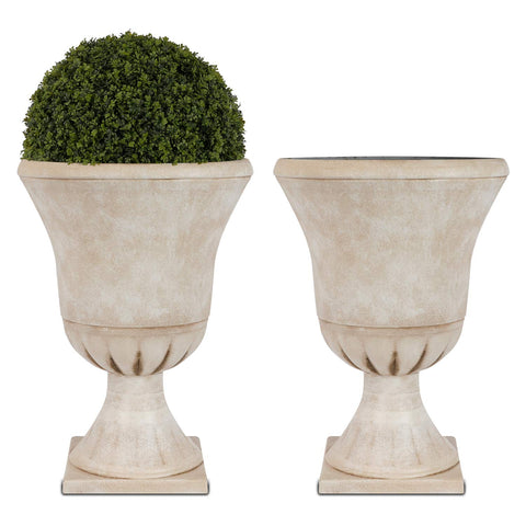 Worth Garden urn planter beige outer view shows a classic decor focal point for porches and patios.