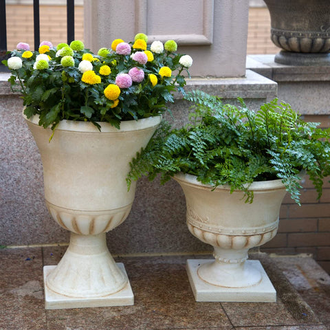 Worth Garden urn planter beige two-pack packaging emphasizes value and consistency.