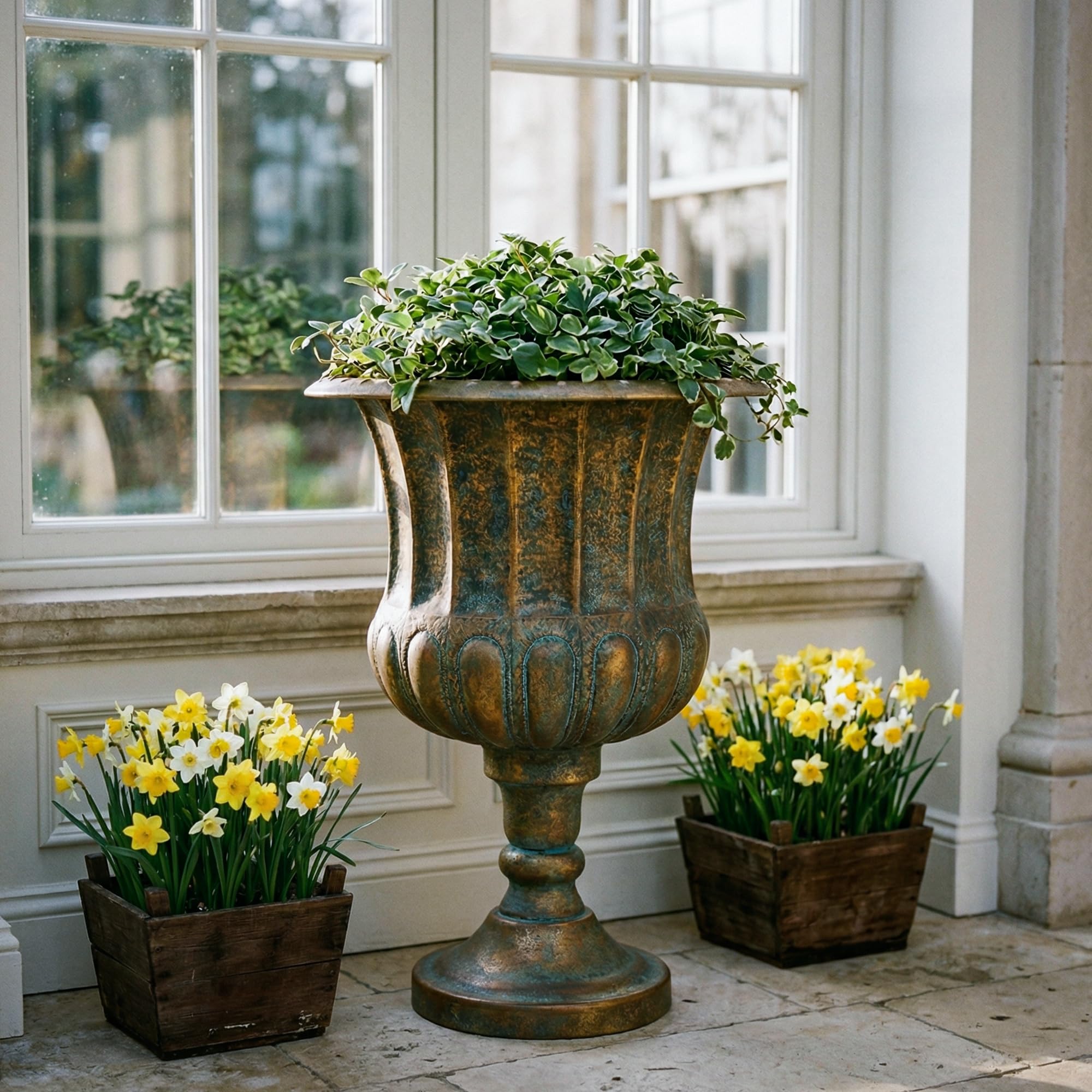 Worth Garden urn planters in bronze finish shown as a matched pair.