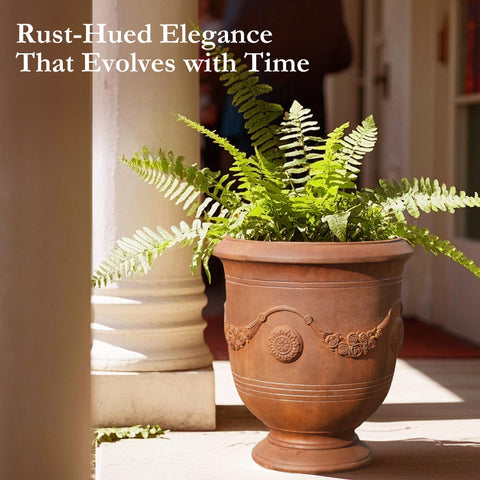 Worth Garden Urn Planter cement texture and rust patina enhance rustic outdoor appeal.
