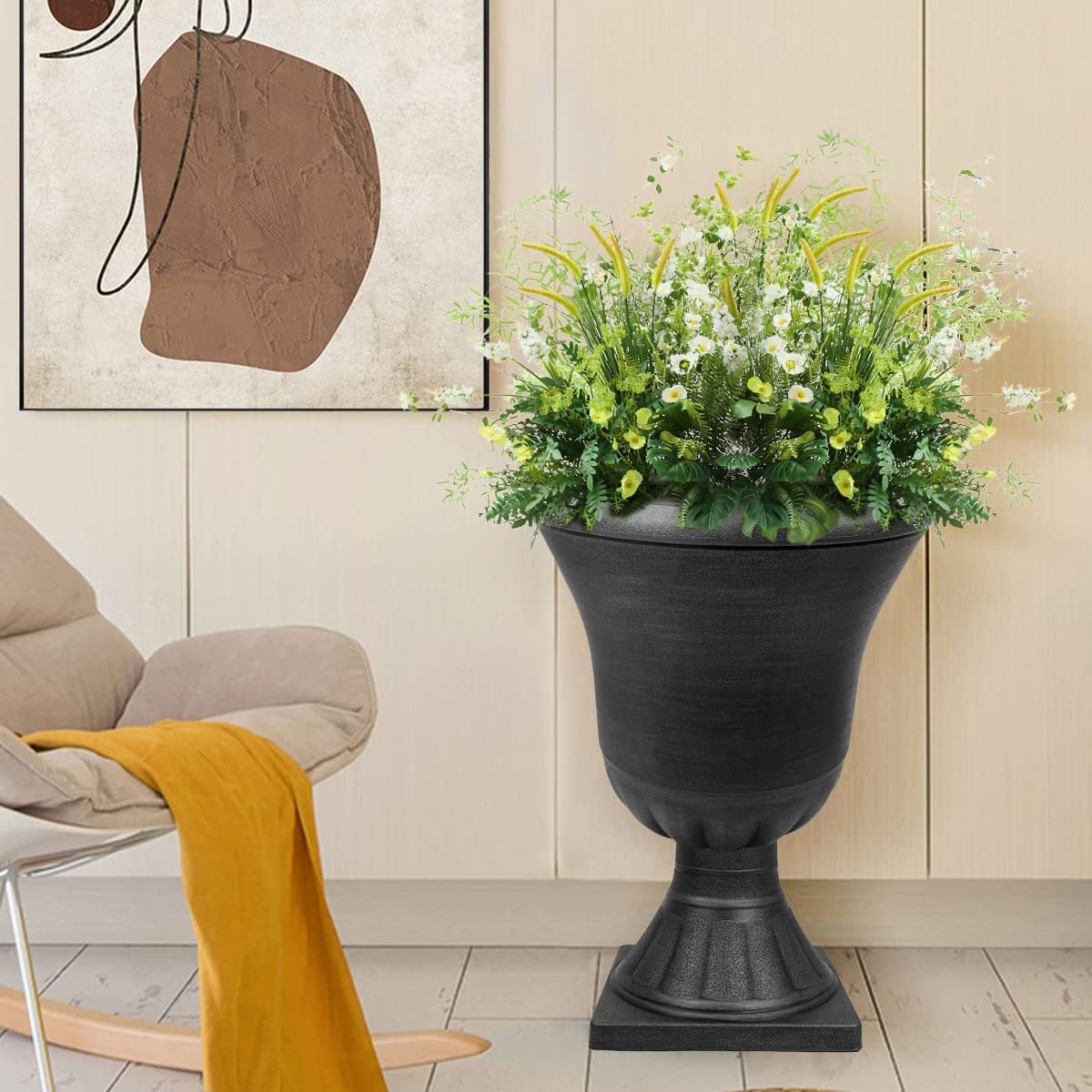 Worth Garden urn planter drainage hole with plug enables flexible watering.