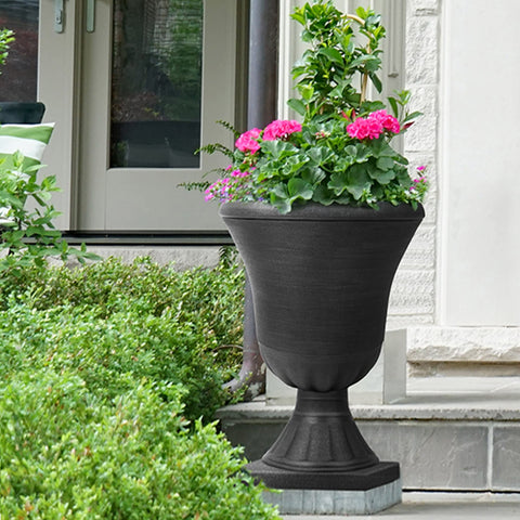 Worth Garden urn planter pedestal detail shows timeless charm.