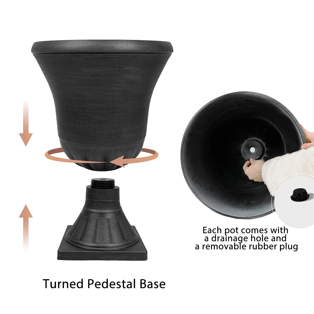 Worth Garden urn planter PP plastic texture emphasizes durability and lightweight handling.