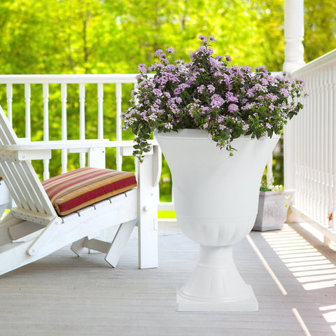 Worth Garden urn planter weather-resistant design for sun and rain.