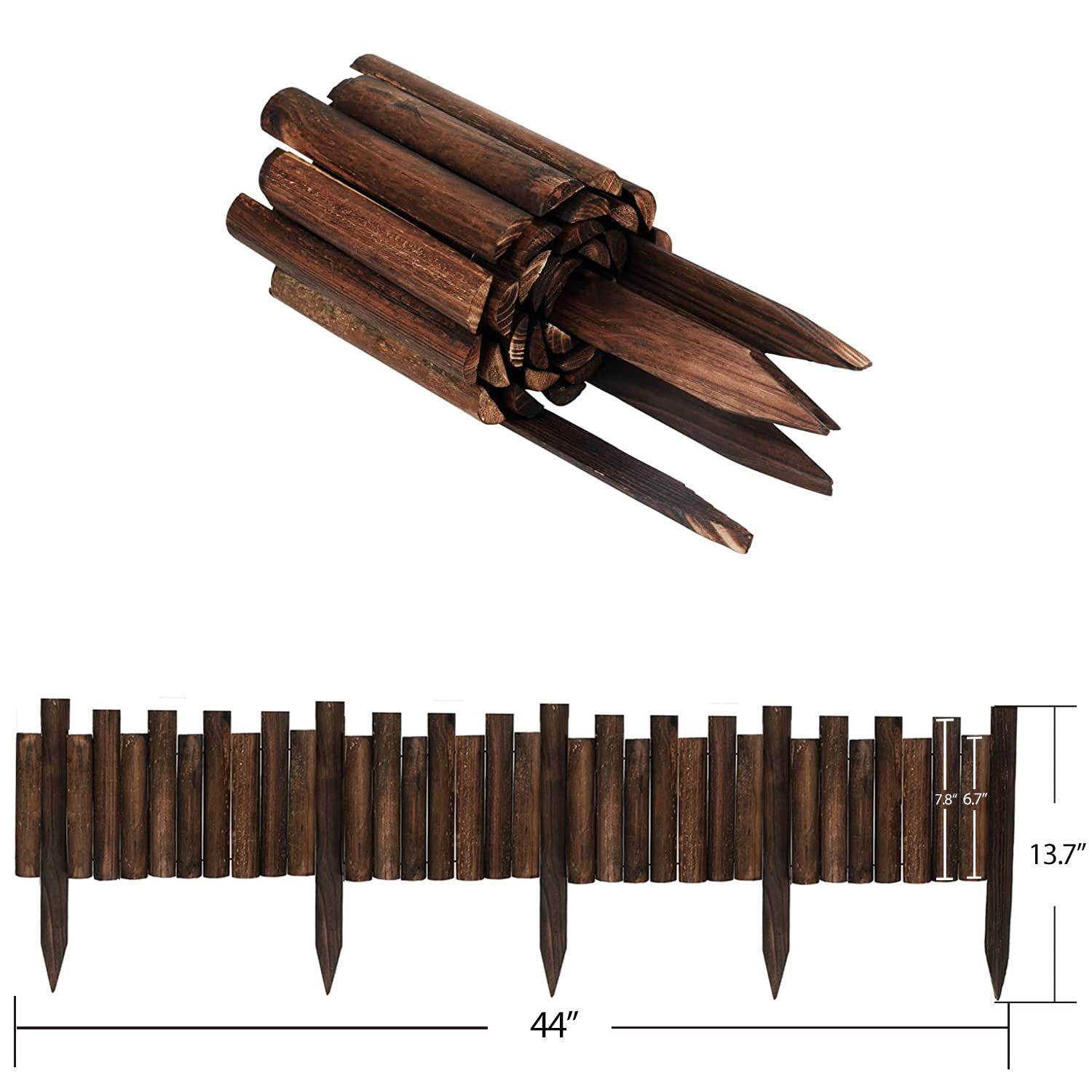Worth Garden fence close-up highlights burnt wood texture and rustic charm.