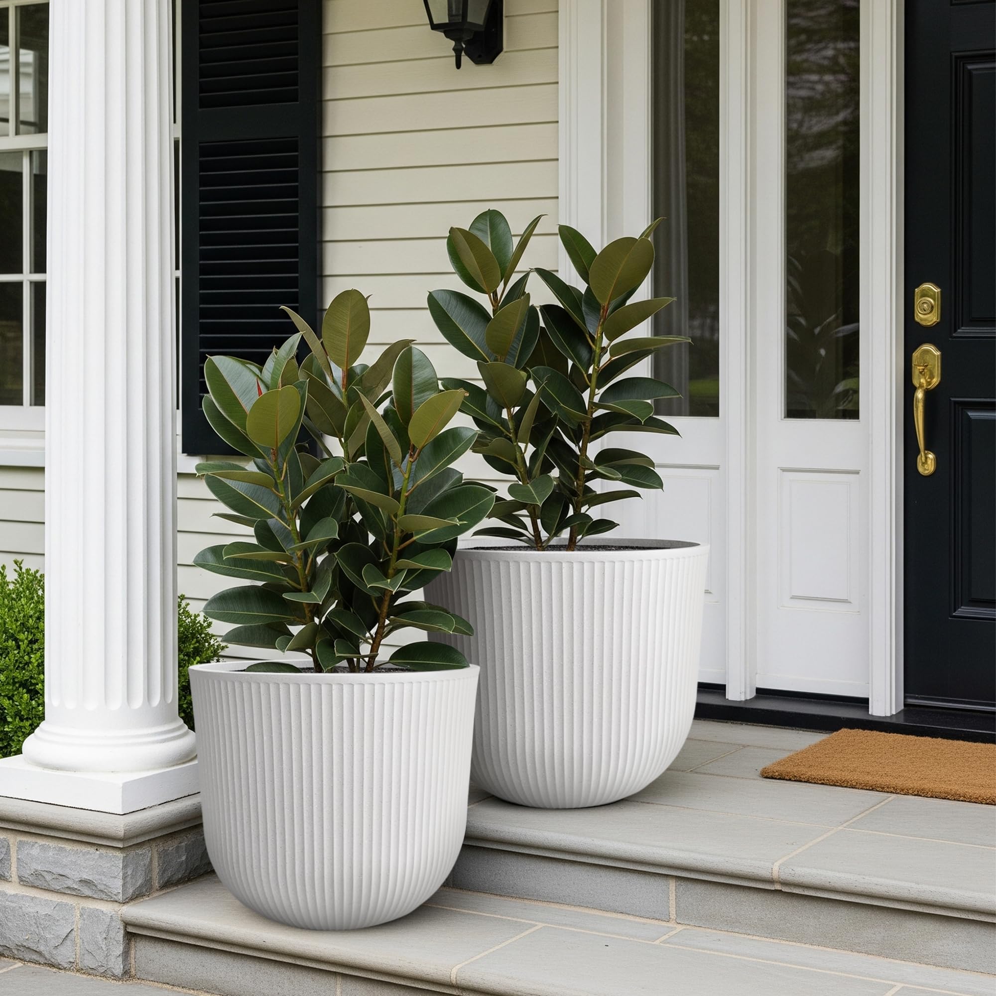 Worth white planters shown on a front porch for curb appeal and easy maintenance.