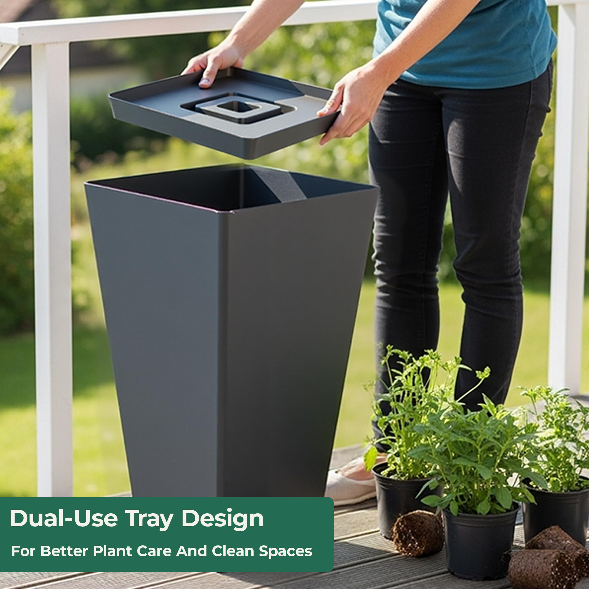 Worth indoor-outdoor planter shown in living room and balcony setups.