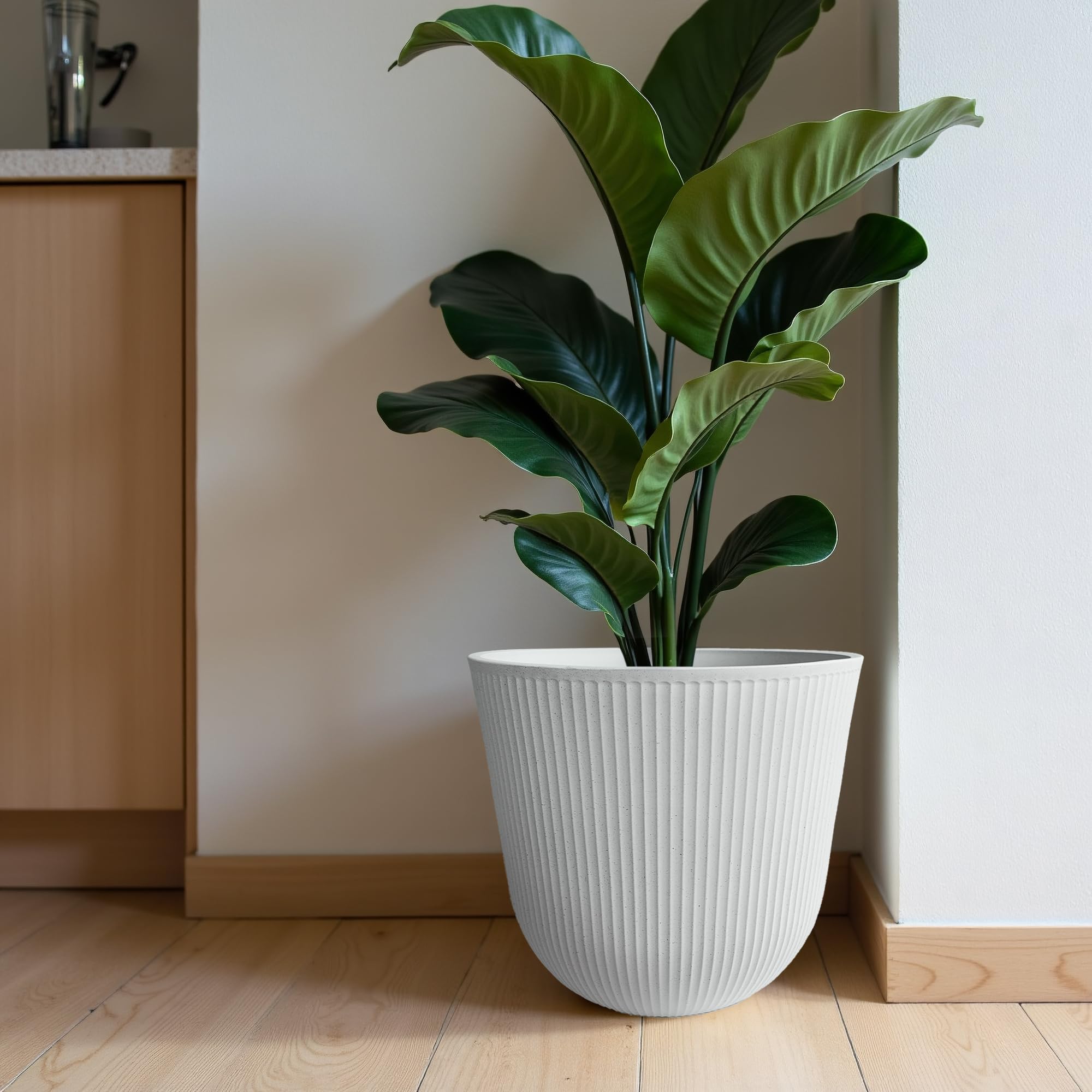 Worth round planters along a garden path offer clean, modern styling.
