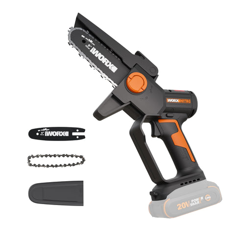 WORX 20V pruning saw bar and chain in action enabling precise cuts