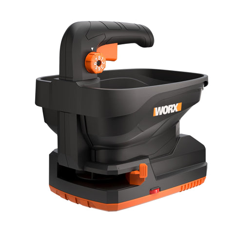 WORX 20V cordless seed spreader in angled view showing portability and broad reach