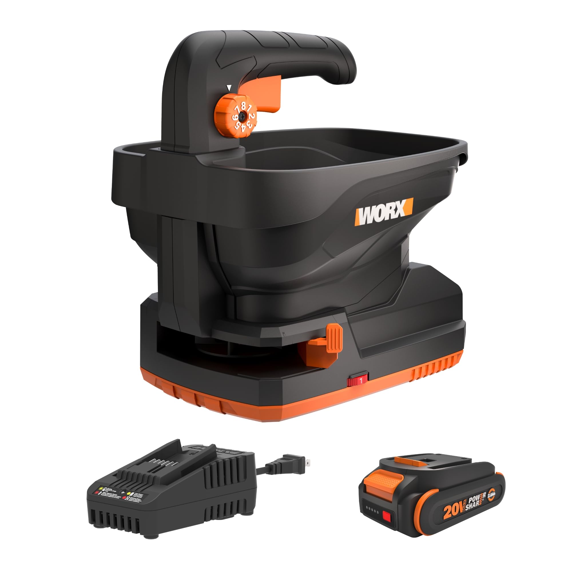 WORX 20V cordless seed spreader handle close-up for precise one-handed control