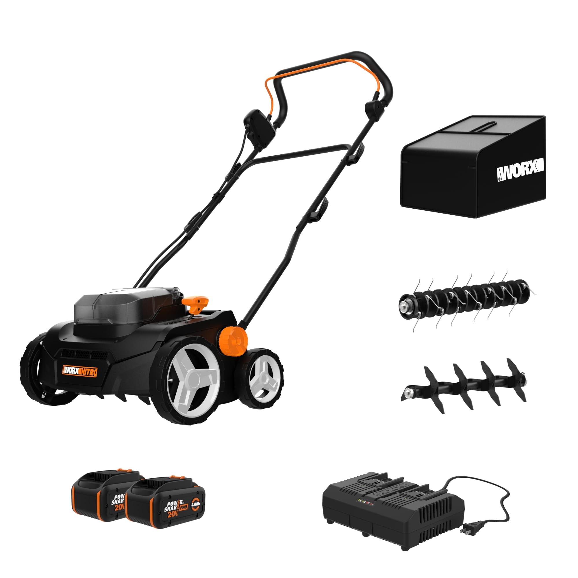 WORX WG855 dethatcher in action showing 14-inch width for quick thatch removal
