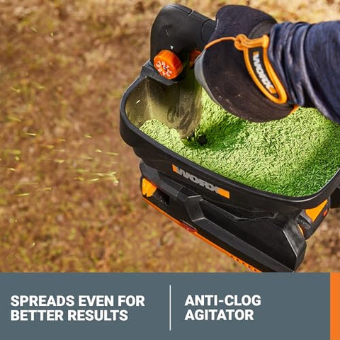WORX anti-clog agitator keeps seed flowing smoothly for even coverage