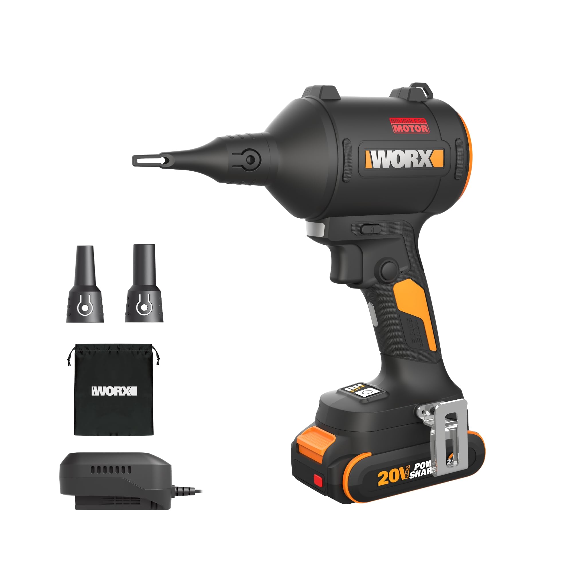 WORX cordless blower inflator demonstrates a compact design for quick cleanup and inflation tasks.