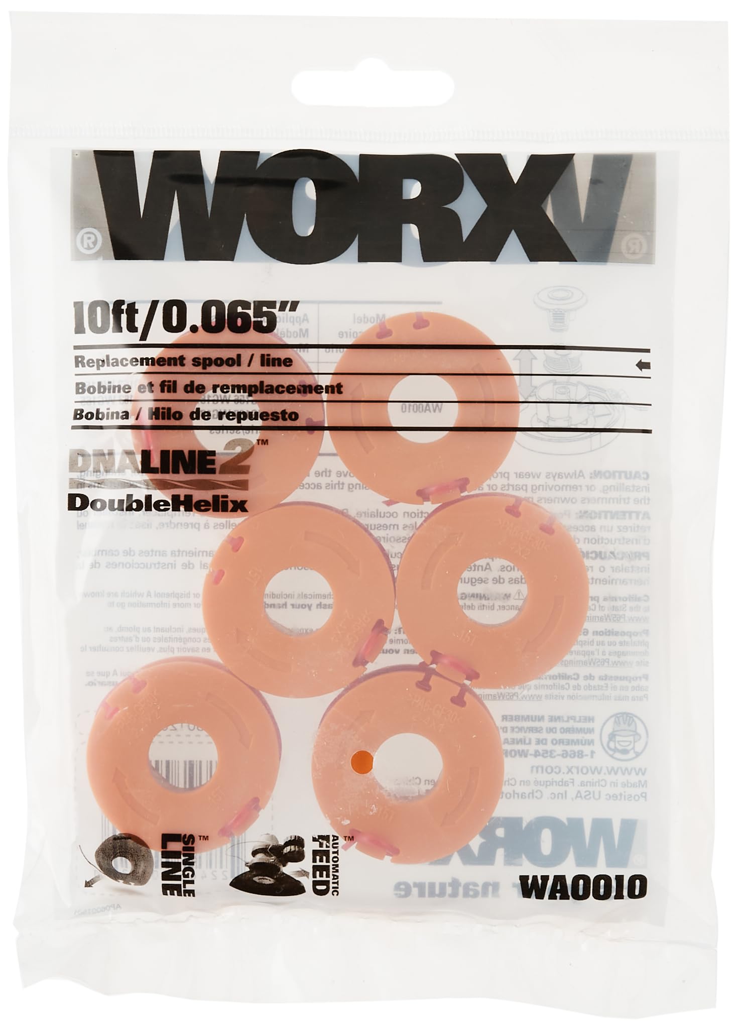WORX DNA2 DoubleHelix line close-up shows durable 0.065-inch edge for efficient edging.