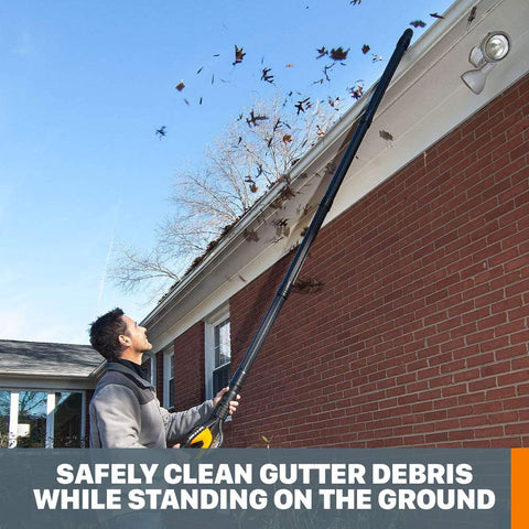 WORX gutterpro hooked nozzle directs air into gutters for debris removal