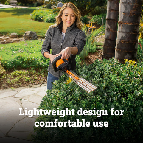 WORX hedge trimmer shown at 2600 RPM for fast pruning.