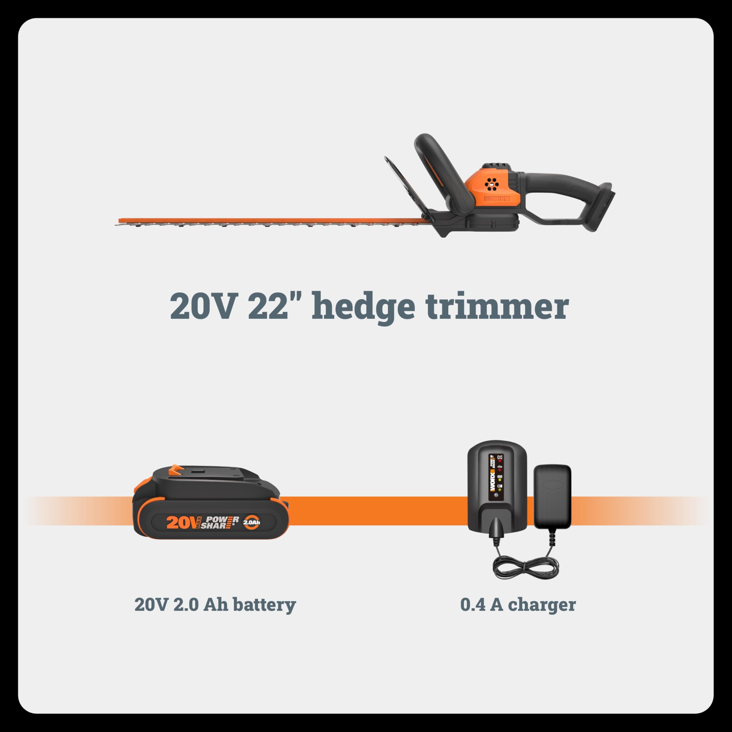 WORX hedge trimmer with included charger for quick setup