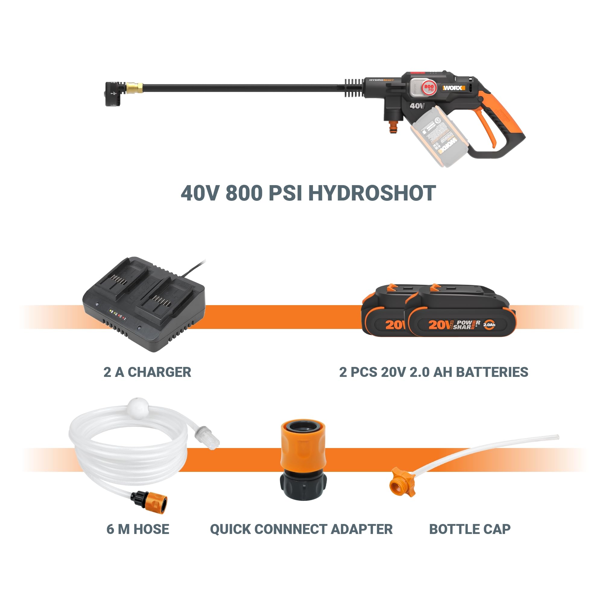 WORX HydroShot long cleaning lance provides extended reach.