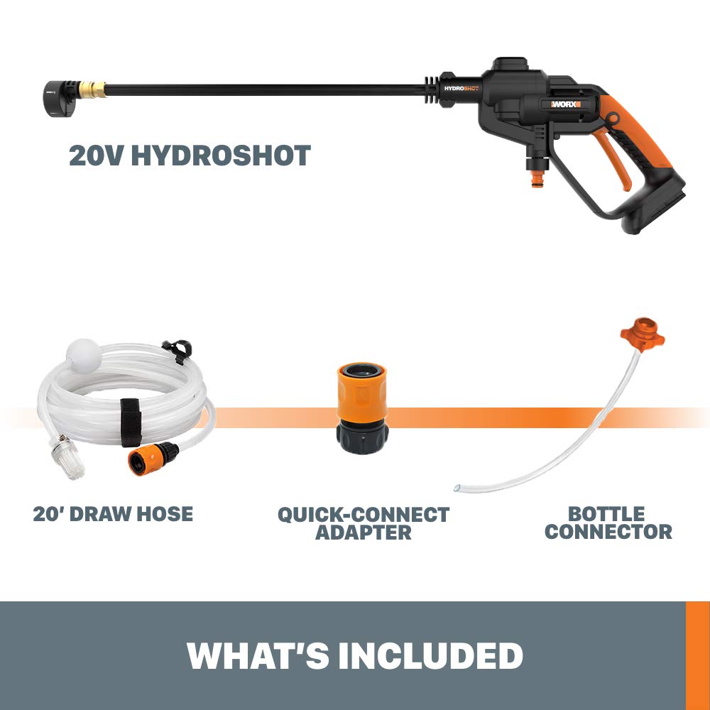 WORX Hydroshot reach tight spots with a 20-foot hose.