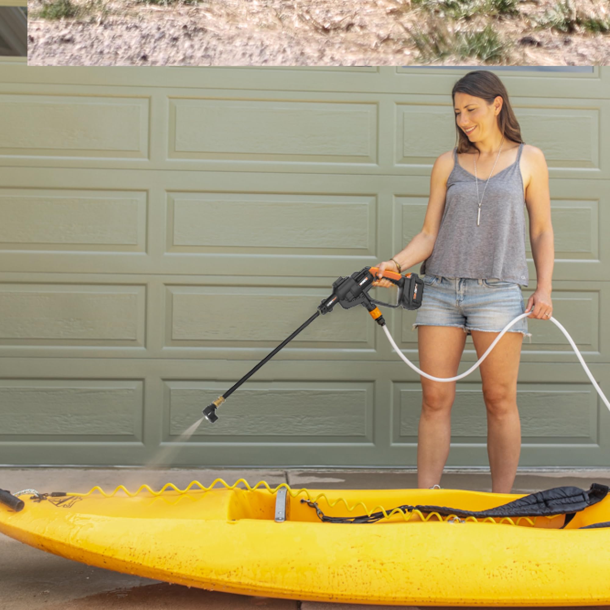 WORX Hydroshot ideal for porch, deck, and boat cleaning near water sources.