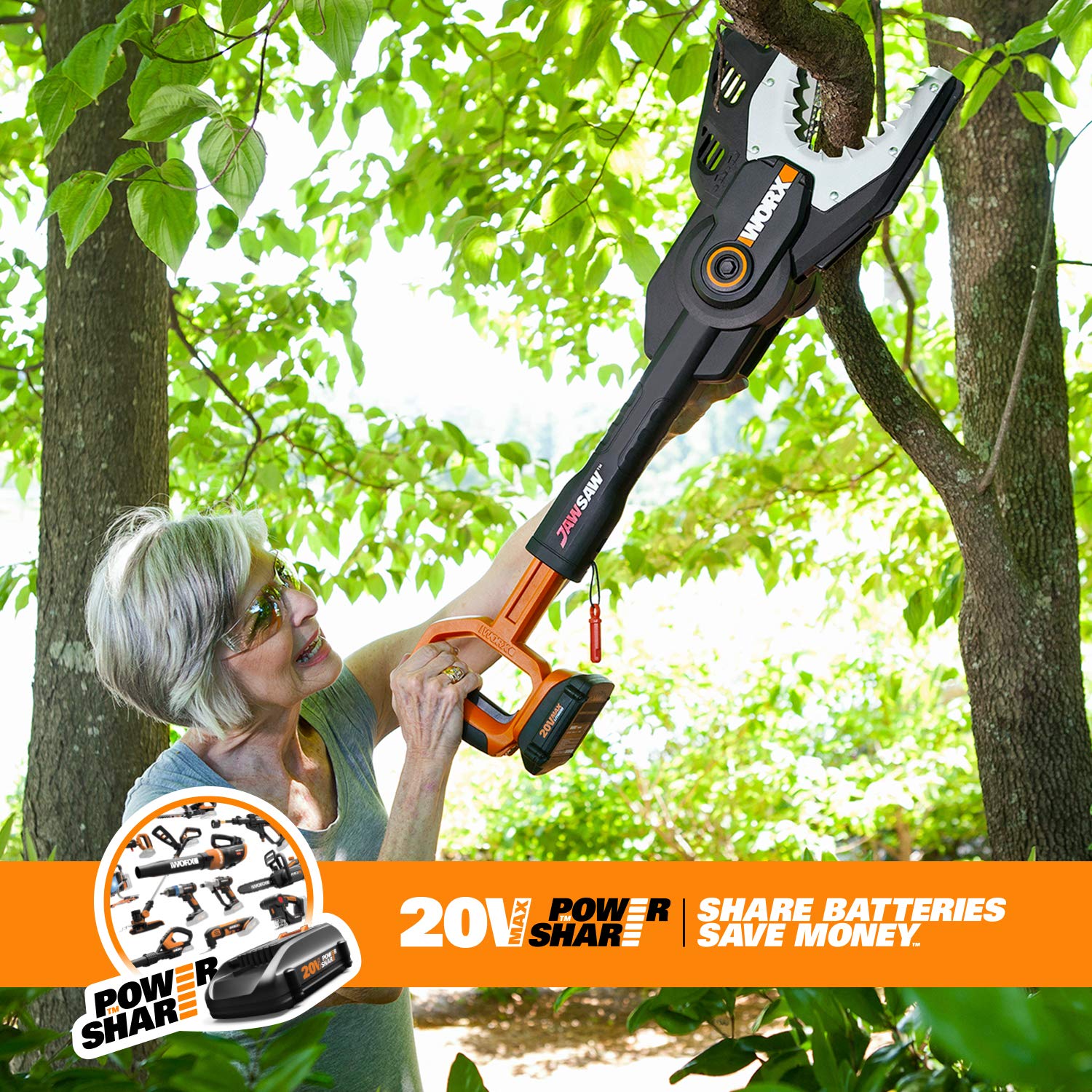 WORX Power Share battery included for multiple tools.