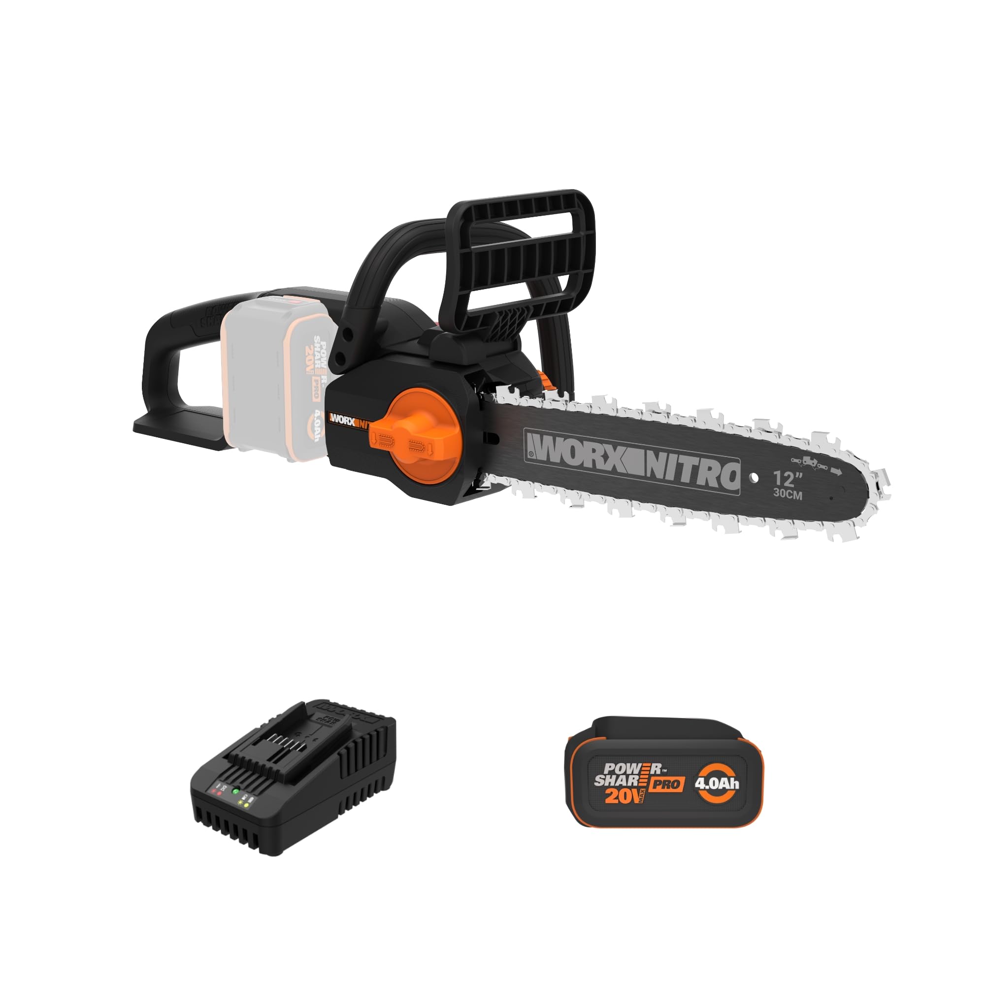 Worx Nitro 20V WG350 front view for yard tasks with a 12-inch chainsaw