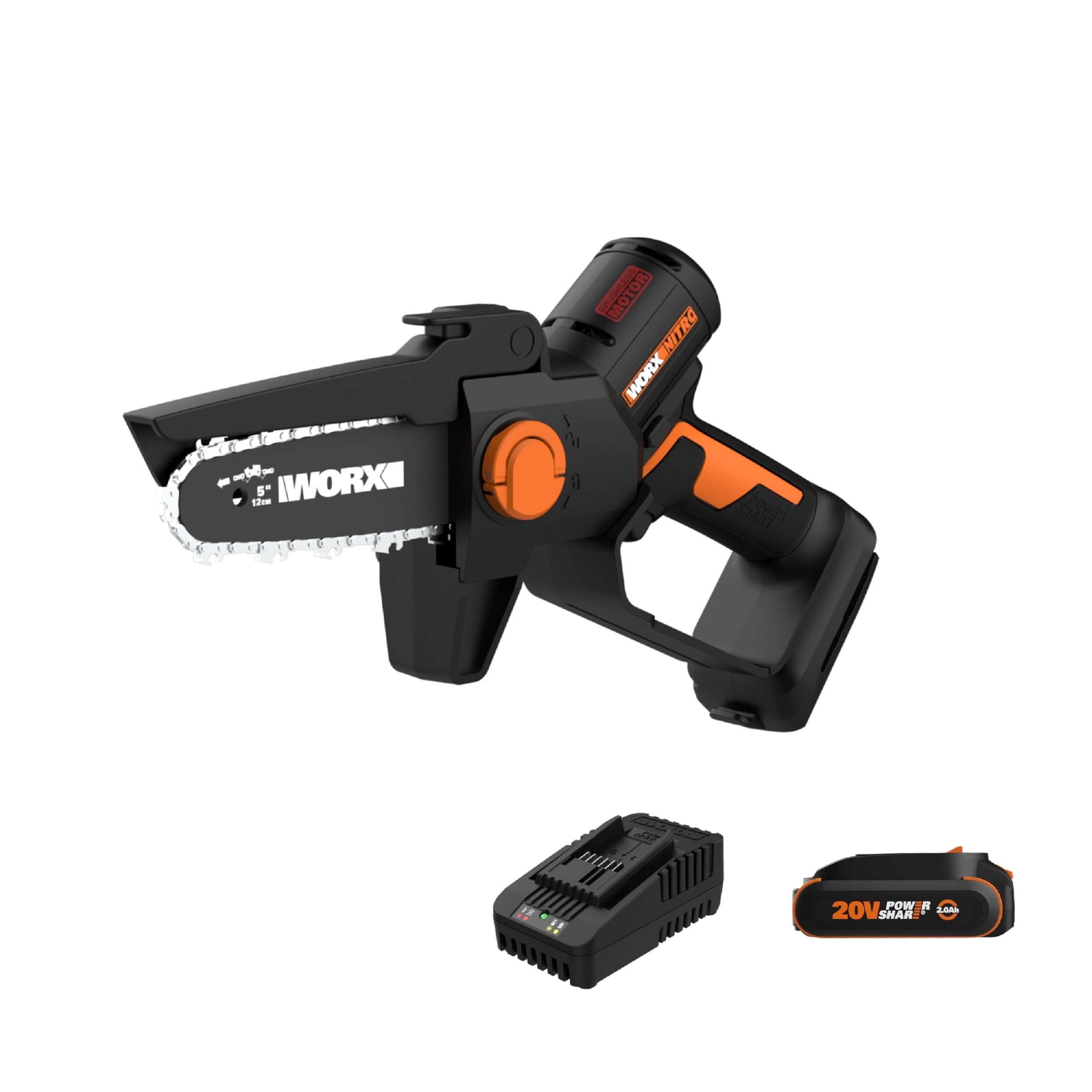 WORX Nitro 20V mini chainsaw bar and chain for precise branch cutting.