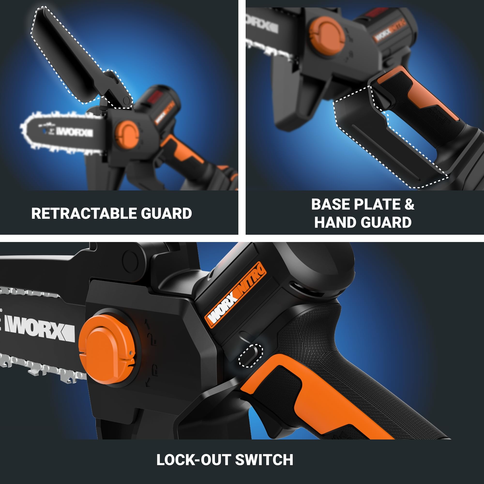 WORX Nitro 20V mini chainsaw reach up to 9 ft with pole.