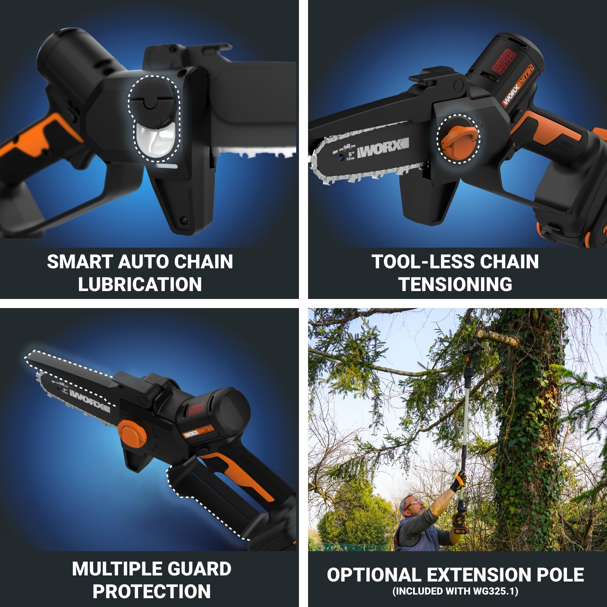WORX Nitro 20V mini chainsaw tool-free chain tensioning in action.
