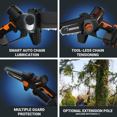 WORX Nitro 20V mini chainsaw tool-free chain tensioning in action.