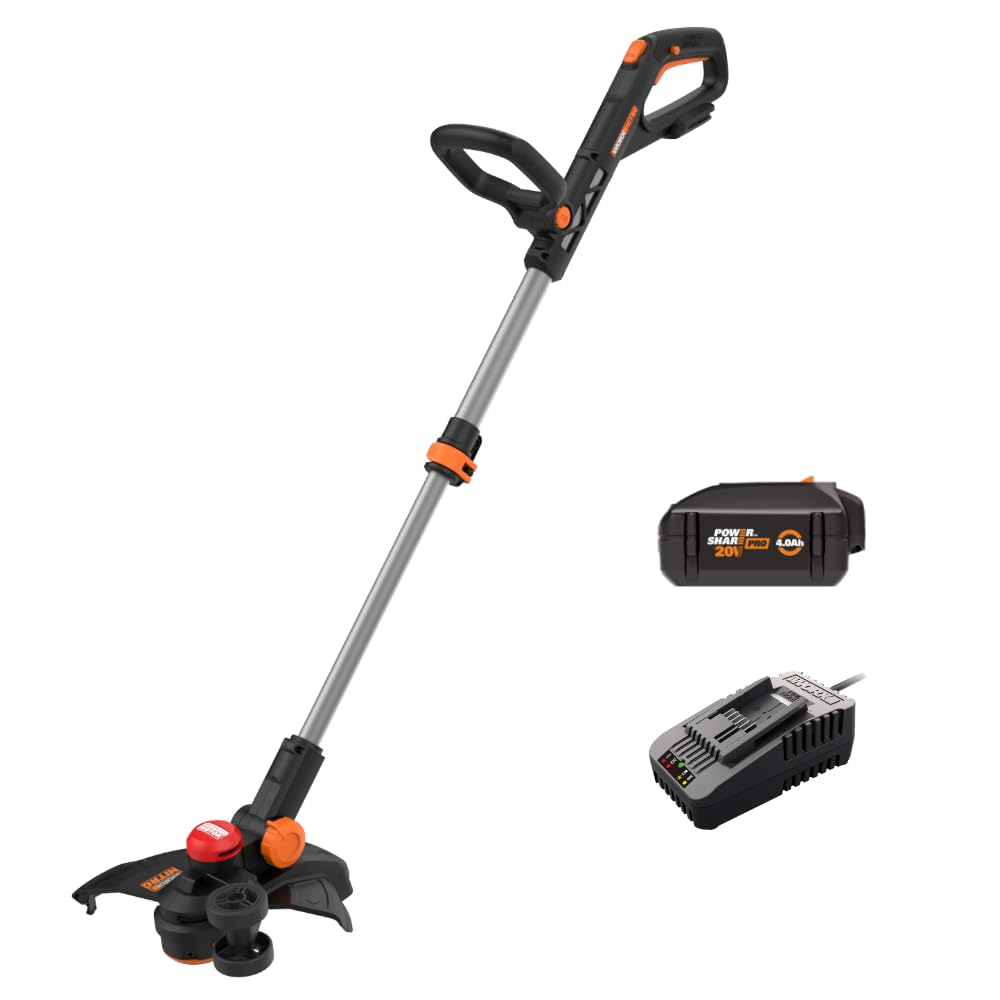 WORX Nitro 20V trimmer with tilted head enables precise edging along borders