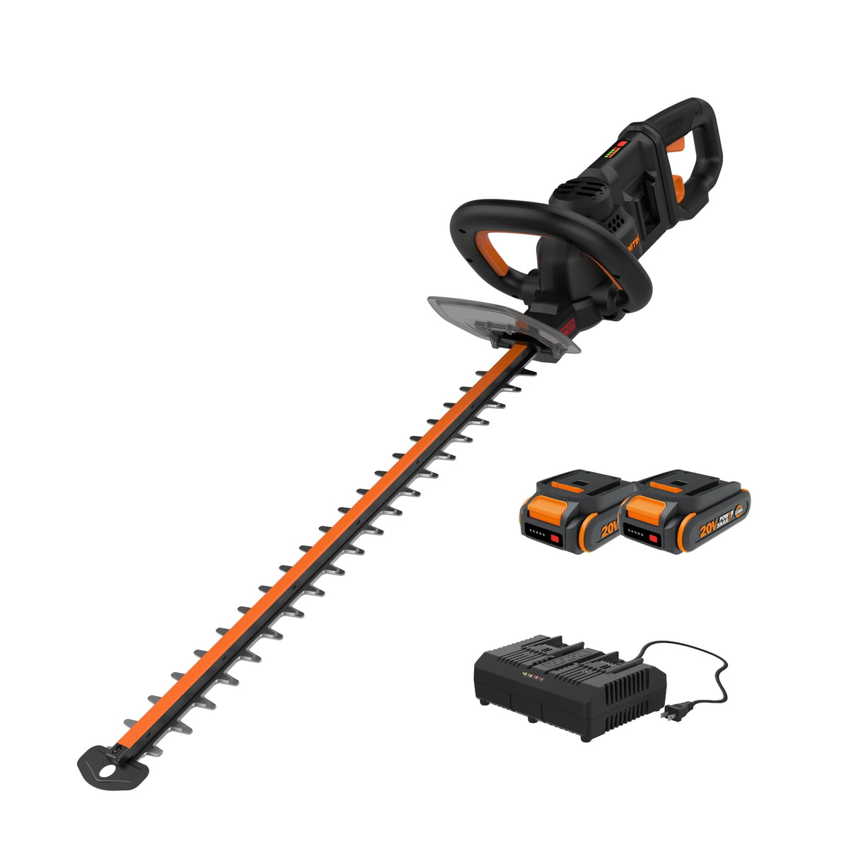 WORX Nitro 24-inch cutting length view for reaching tall hedges.