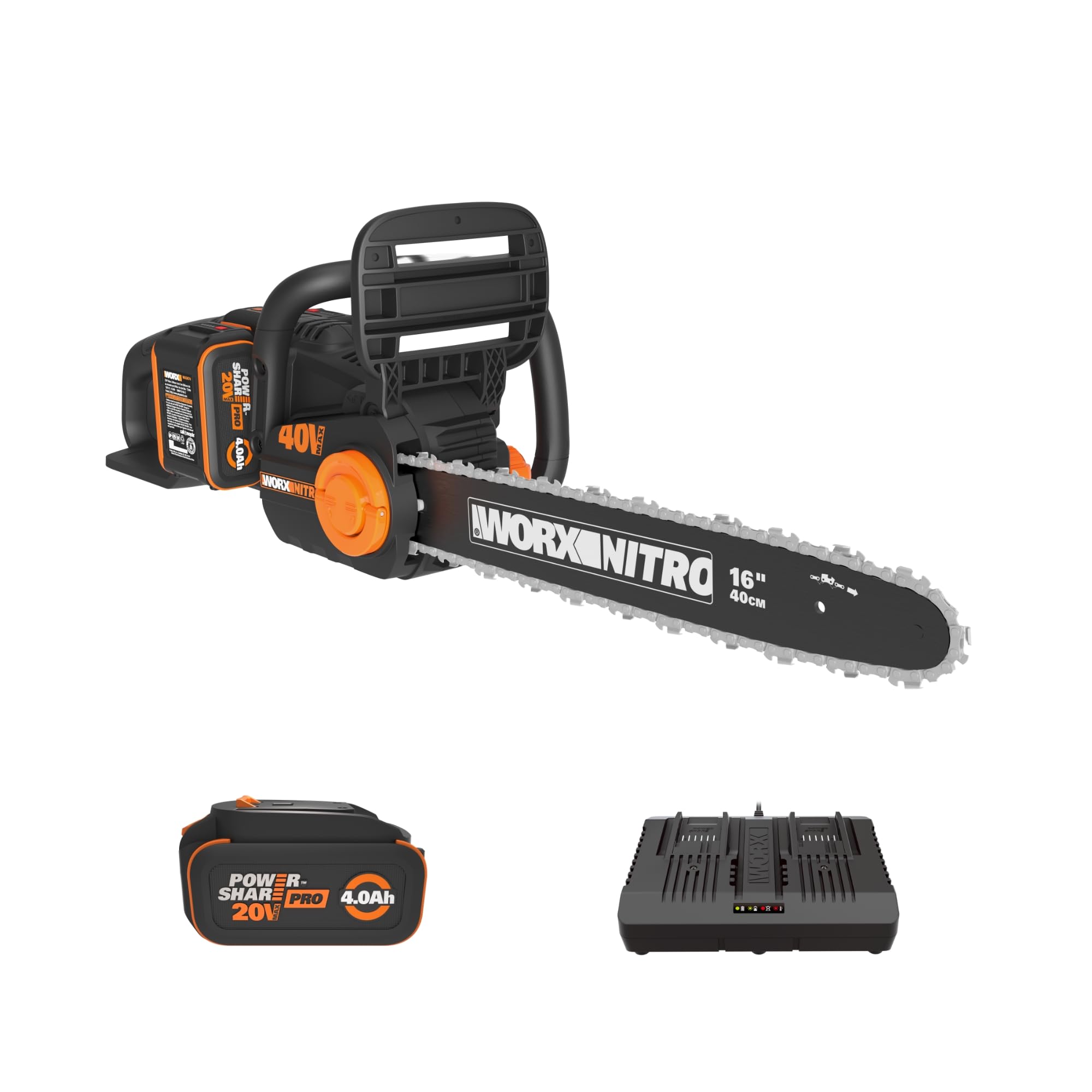 WORX Nitro 40V 16 inch chainsaw in action delivering precise, fast cuts