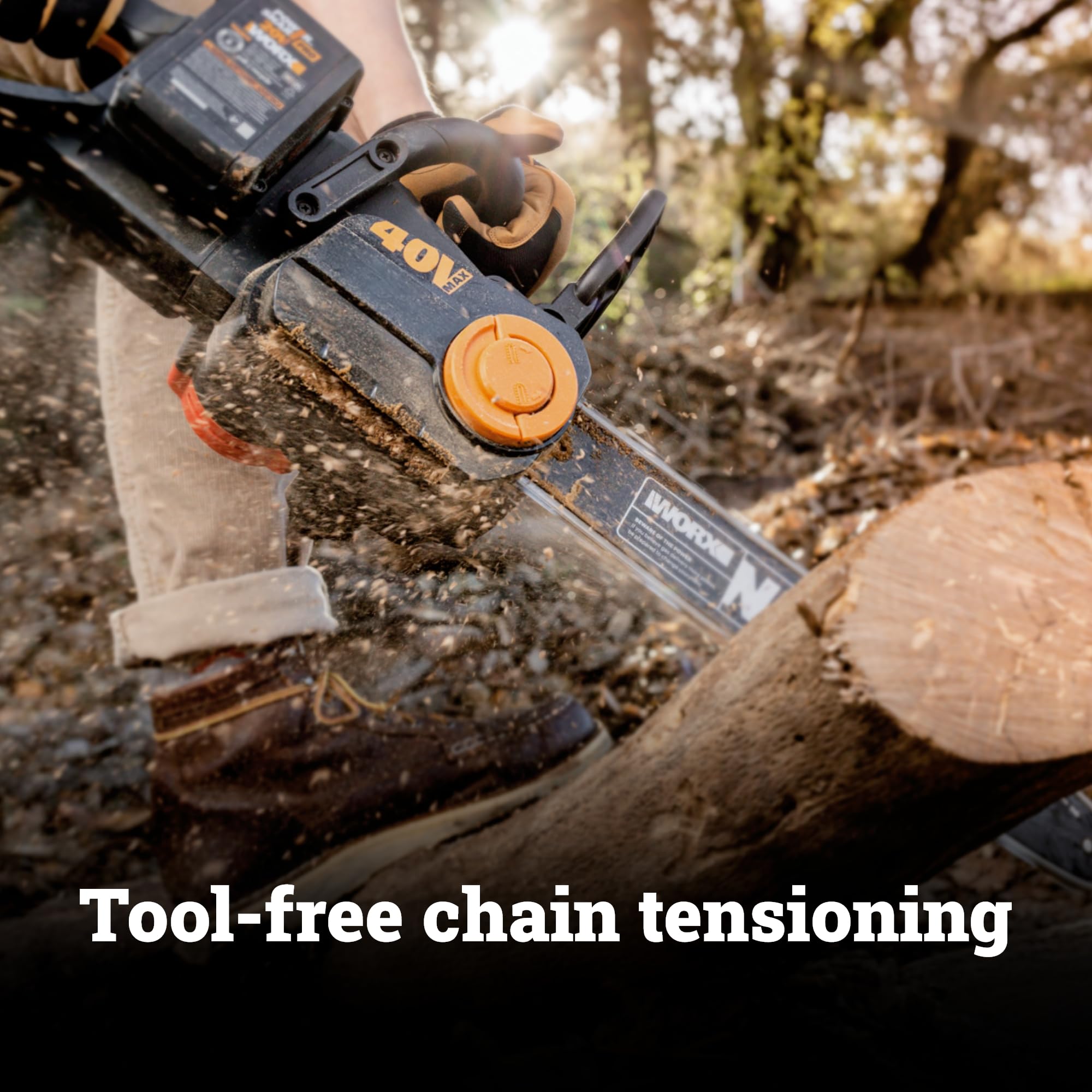 WORX Nitro safety features including kickback stop and trigger lock