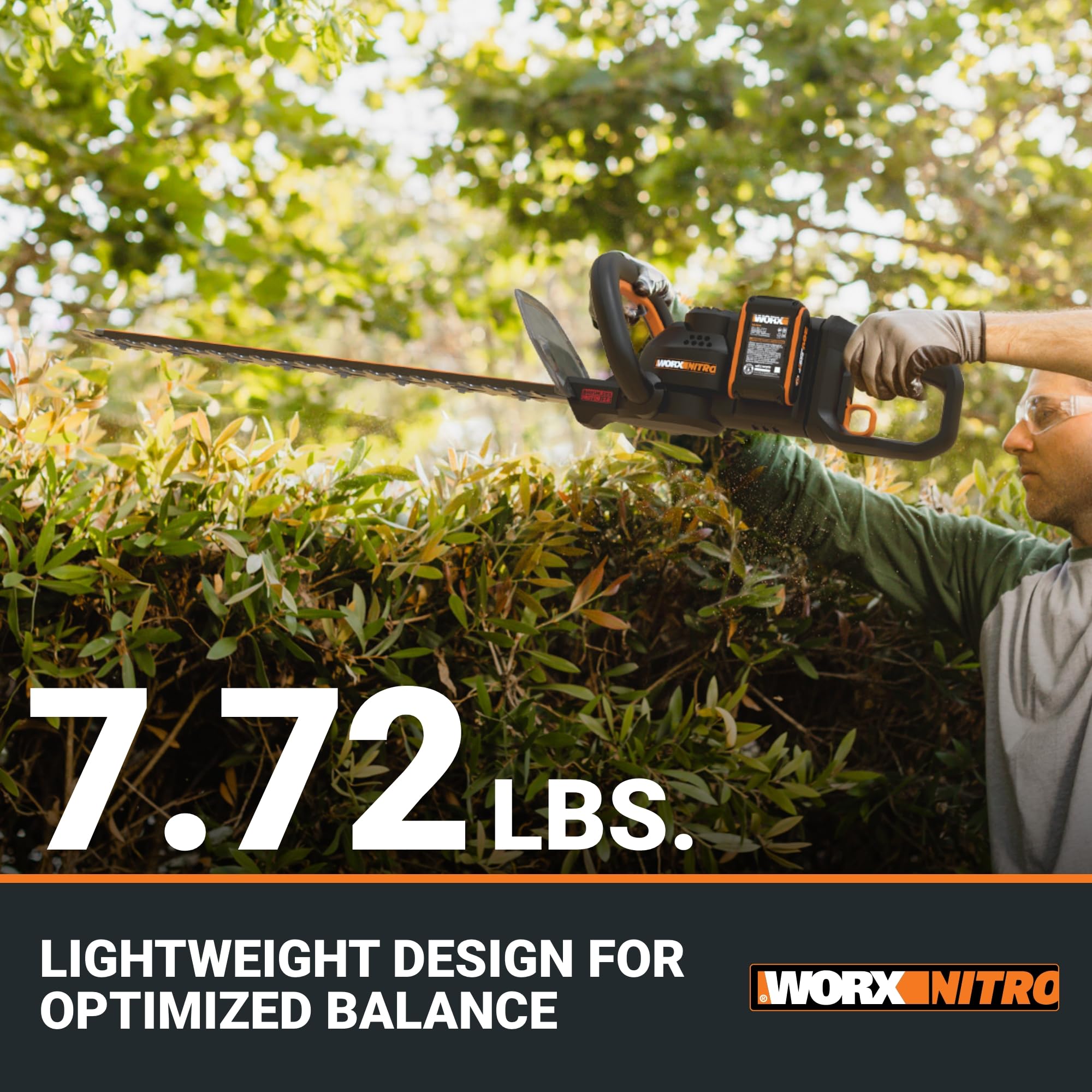 WORX Nitro brushless motor illustration highlights extended runtime.