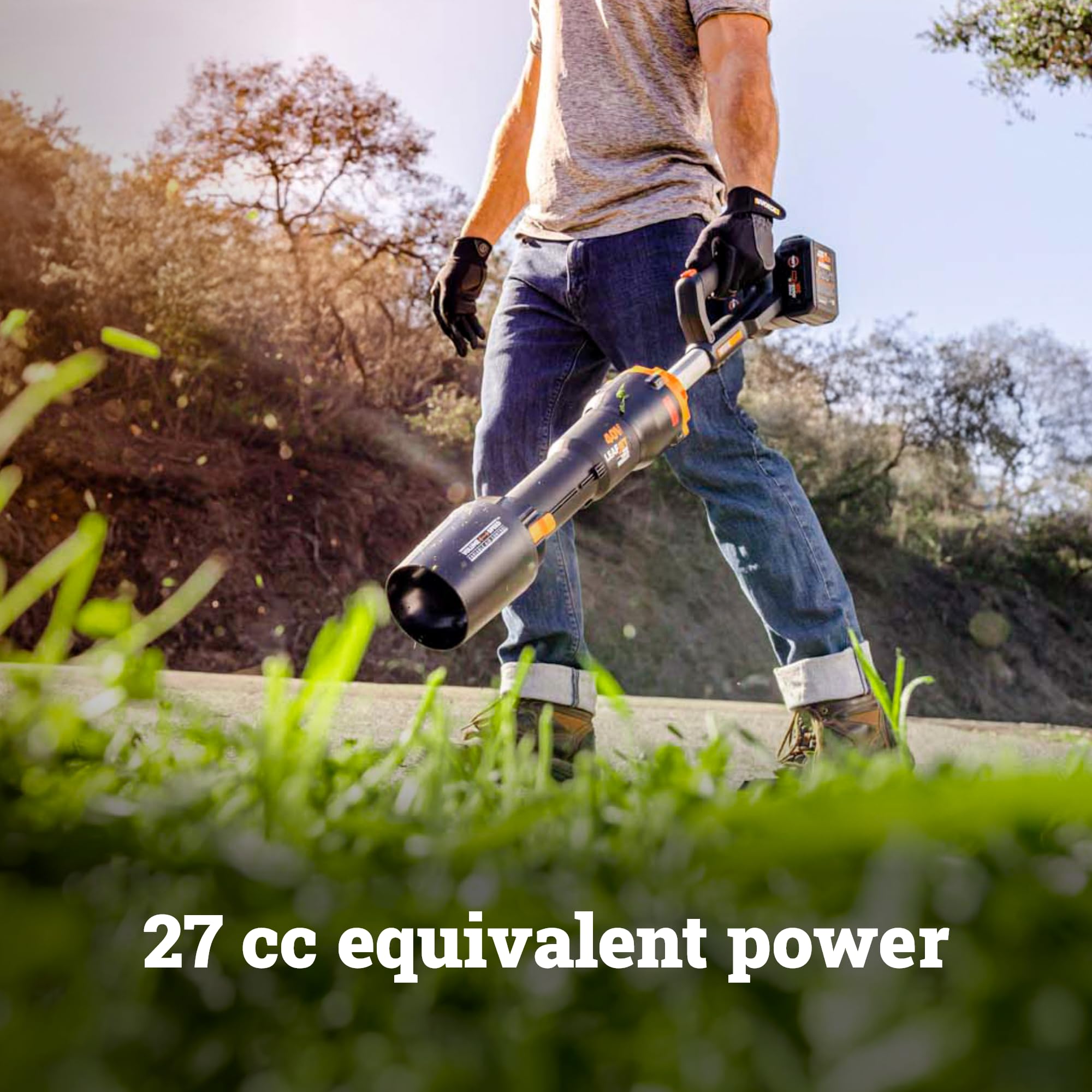 WORX Nitro cordless leaf blower side handle highlighting ergonomic grip for one-handed operation.