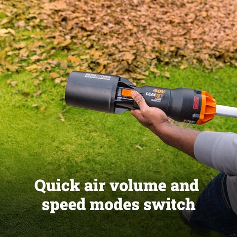 WORX Nitro cordless leaf blower sonic turbine fan reveals strong air intake and jet stream.